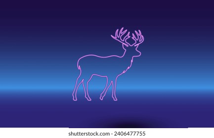 Neon deer symbol on a gradient blue background. The isolated symbol is located in the bottom center. Gradient blue with light blue skyline