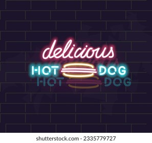 Neon delicious hot dog icon. Typography with food silhouette on brick wall background.