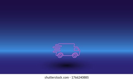 Símbolo de entrega de neón en un fondo azul gradiente. El símbolo aislado está situado en el centro inferior. Azul degradado con horizonte azul claro