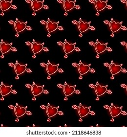 Neon demon heart seamless pattern with red icons on black background. Passion, love, Valentine's Day, romance concept. Vector 10 EPS illustration.