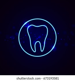 Neon dental sign. Shining tooth vector emblem in line style. 