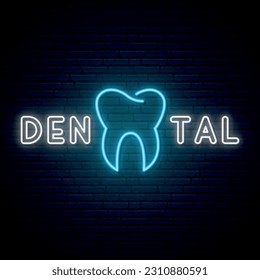 Neon Dental signboard. Glowing text and tooth on brick background. Stomatology and dental clinic advertising design. Vector illustration in neon style.