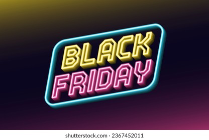 Neon design of Black Friday Sale banner. Outline neon italic text Black Friday with inclined frame. Yellow, pink and blue. Text template for digital ad and social media banners. Vector illustration