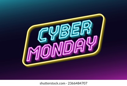 Neon design of Cyber Monday Sale banner. Outline neon italic text Cyber Monday with inclined frame. Blue, purple and yellow. Text template for digital ad and social media banners. Vector illustration