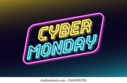 Neon design of Cyber Monday Sale banner. Outline neon italic text Cyber Monday with inclined frame. Yellow, blue and purple. Text template for digital ad and social media banners. Vector illustration