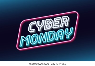 Neon design of Cyber Monday Sale banner. Outline neon italic text Cyber Monday with inclined frame. White, blue and pink. Text template for digital ad and social media banners. Vector illustration