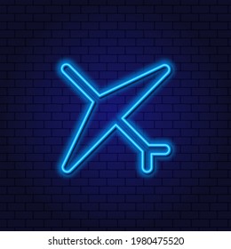 Neon Design Element Flying Airplane Silhouette. Travel concept.