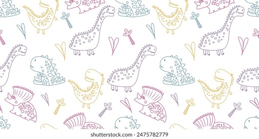 Diseño de neón sin patrón con varios tipos de dinosaurios. Lindos dinosaurios con un tema del día de los dinosaurios. Se puede utilizar para el diseño de papel, envoltura de regalo, textiles, etc.