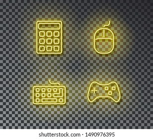Neon device signs vector isolated on brick wall. Math calculator, keyboard, gamepad, mouse light symbol, decoration effect. Neon device illustration.