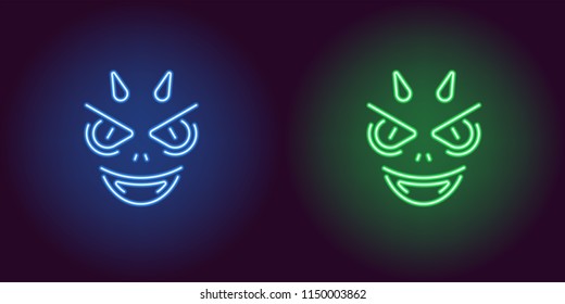 Neon Devil in Blue and Green color. Vector illustration of Demon face with horns and fangs for Halloween party in glowing neon style. Isolated graphic element for Halloween decoration