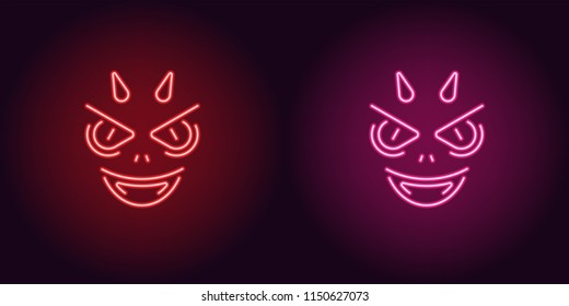 Neon Devil in Red and Pink color. Vector illustration of Demon face with horns and fangs for Halloween party in glowing neon style. Isolated graphic element for Halloween decoration