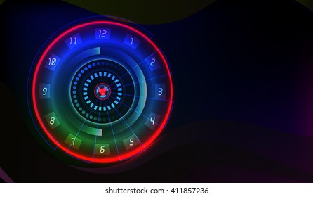 Neon dial. Clock face. Abstract background.Technology