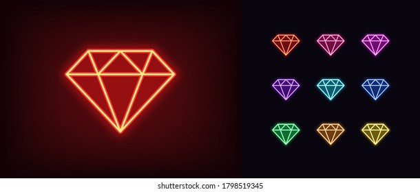 Neon Diamond Icon. Glowing Neon Gem Sign, Jewel In Vivid Colors. Bright Brilliant, Luxury Gemstone, Diamond Gift, Royal Jewelry, Crystal Shape. Icon Set, Sign, Symbol For UI. Vector Illustration