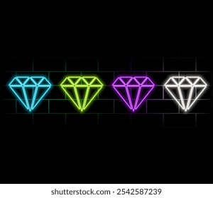 Neon diamond icon set. Glowing coloful jewel gem shape border. Casino shape action UI elements with copy space. Purple, blue, pink, yellow, green, red color text box. Vector illustration.