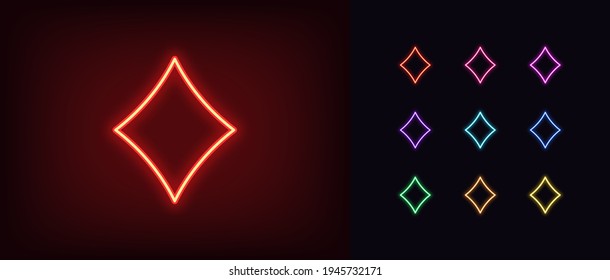 Neon diamond suit icon. Glowing neon diamonds sign, outline card suit symbol and silhouette in vivid colors. Poker playroom, card game and trick, poker tournament. Vector icon set, sign, pictogram