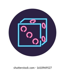 Neon dice inside black circle design, Decoration advertising light lamp retro glowing art bright and fluorescent theme Vector illustration
