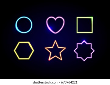 Neon different shapes frames. Glowing circle, heart, square, hexagon, star and polygon symbols.