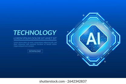 Neon digital AI quantum chip HUD on a circuit board technology background. Futuristic AI semiconductor concept. Abstract processor with text