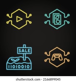 Neon Digital Assets Icon Set. Virtual Property, NFT Card And Game Symbols. Vector Illustration.