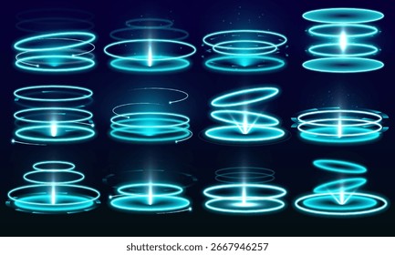 El círculo digital de neón que emite rayos similares al láser crea una ilusión de teletransportación inmersiva. Ideal para su uso en interfaces virtuales o animaciones digitales. Enfoque de energía brillante en el centro.	
