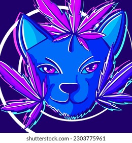 Neon digital drawing of a psychedelic cat head with marijuana leaves. Trippy doodle of a narcotic kitty with surreal colors.
