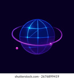 O Globo Digital Neon é uma ilustração vetorial da rede global e do espaço virtual, um símbolo holográfico de conexões on-line e o conceito do metaverso