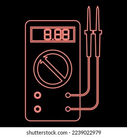 Neon digital multimeter for measuring electrical indicators AC DC voltage amperage ohmmeter power with probes red color vector illustration image flat style light
