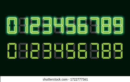 Neon digital numbers digits clock display electronic green light font price labels.