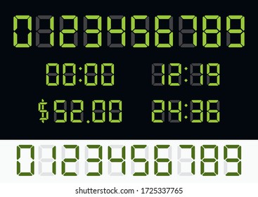 Neon digital numbers digits clock display electronic green light font price labels.