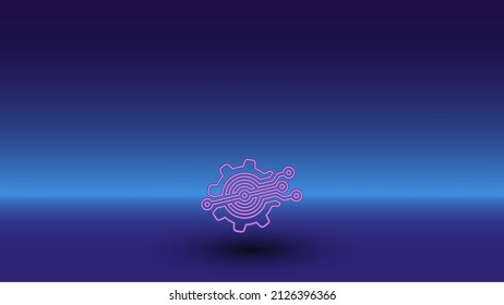 Neon digital tech symbol on a gradient blue background. The isolated symbol is located in the bottom center. Gradient blue with light blue skyline