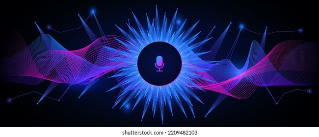 Neon digital waves with microphone in center background. Purple techno stream with blue beams and dynamic vector streaks