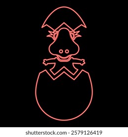 Neon dinosaur cute dino baby pretty hatch from egg cracked eggshell red color vector illustration image flat style