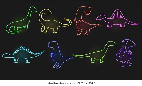 Neon dinosaur silhouettes. A collection of glowing signs on a dark background. Vector illustration
