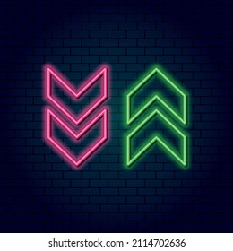 Neon direction arrow elements up, down, left, right. Retro light sign on dark background