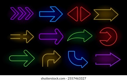 Neon directional arrows. Bright arrow pointer electric illuminated symbols, advertising neon signboards indicating direction. Vector arrow icons isolated set.