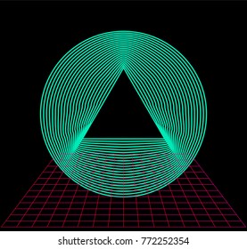 Neon disc with triangle hole and purple laser grid mesh. Vaporwave/ synthwave/ retrowave style.