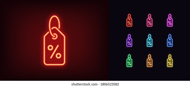 Neon discount icon. Glowing neon discount tag with percent sign, product sale in vivid colors. Low price label, special offer, sale announcement. Icon set, sign, symbol for UI. Vector illustration