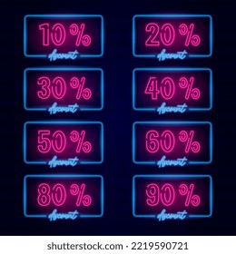 Neon Discount-Zeichensatz, 10, 20, 30, 40, 50, 60, 80, 90 Prozent Rabatt