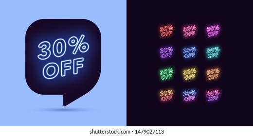 Neon Discount Tag, 30 Percentage Off. Special Offer Sale. Set Of Neon Price Discount, Colorful Bundle. Bubble Message Template For Your Advertising Design. Vector Illustration