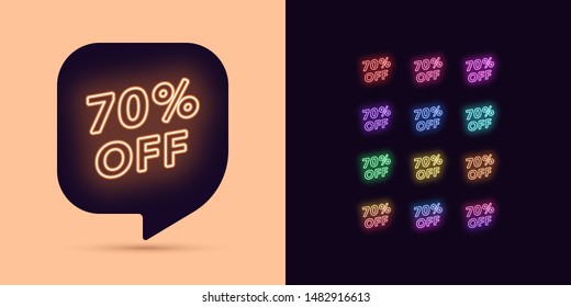 Neon Discount Tag, 70 Percentage Off. Special Offer Sale. Set of neon Price discount, colorful bundle. Bubble Message Template for your advertising design. Vector illustration