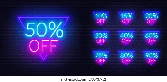 Neon discount template. Bright discount light signs on a dark background.
