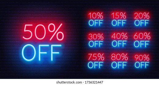 Neon discount template. Bright discount light signs on a dark background.