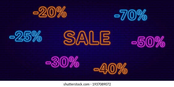 Neon Discounts. 3d neon Discount Percentages. Neon design elements for banner, website, price tag template.