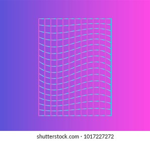 Neon distorted grid on purple background in Synthwave style.