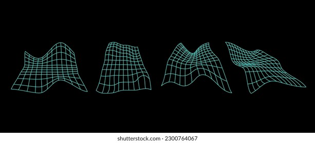 Neon distorted perspective grid pack. Glitch rectangle plane set on dark background. Wavy futuristic elements bundle. Ripple wireframes. Vector abstract collection. 