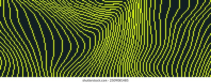 Textura ondulada curvada pontilhada de néon. Fundo de linhas de falha pixelizadas pretas e amarelas. Listras digitalizadas distorcidas para banner, poster, flyer, livreto. Papel de parede de sobreposição rasterizado abstrato. Vetor