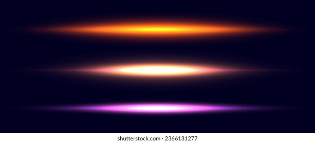 Neon divider lines set. Glowing horizontal stripes collection. Fluorescent electric light sticks pack. Shining laser beams with LED effect bundle. Vector elements for poster, banner, cover, decoration