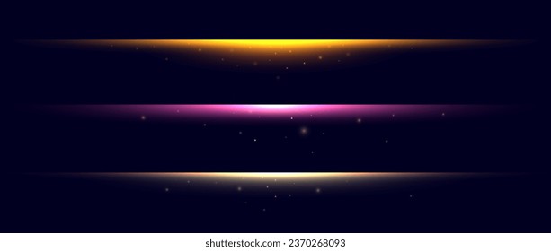 Neon divider lines set. Glowing horizontal stripes collection. Fluorescent electric light sticks pack. Shining laser beams LED effect bundle. Vector pink yellow orange elements for poster banner cover