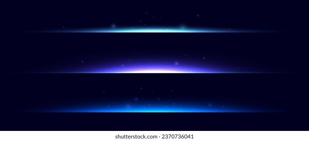 Neon divider lines set. Glowing horizontal stripes collection. Fluorescent electric light sticks pack. Shining beams LED effect bundle. Vector blue, purple, green elements for poster banner cover