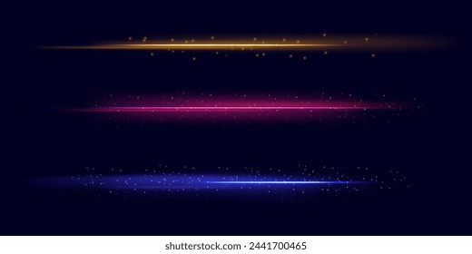 Neon divider lines set. Glowing horizontal stripes collection. Fluorescent electric light sticks pack. Shining laser beams LED effect bundle. Vector pink yellow orange elements for poster banner cover